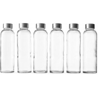 Glass Water Bottles Set of 6 - Glass Juice Bottles with Lids - Reusable Juice Jars - Durable & Eco Friendly - BPA Free Leak-Proof - Multi-Purpose Bottle for Travel & Everyday Use - 18 oz