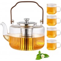 Fluted Glass Tea Pot with Infusers for Loose Tea, Clear TeaPot Stovetop Safe, Vintage Kettle Teapot with 4 Ribbed 2.5oz Tea Cup, Unique Tea Maker Gift for Loose Leaf Blooming - 34oz (1000ml)