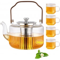 Fluted Glass Tea Pot with Infusers for Loose Tea, Clear TeaPot Stovetop Safe, Vintage Kettle Teapot with 4 Ribbed 2.5oz Tea Cup, Unique Tea Maker Gift for Loose Leaf Blooming - 34oz (1000ml)