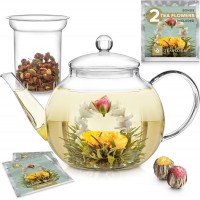 Borosilicate Glass Teapot (34 OZ) with Removable Loose Tea Glass Infuser – Includes 2 Blooming Teas – 2-in-1 Tea Maker – Tea Purist's Choice