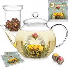 Borosilicate Glass Teapot (34 OZ) with Removable Loose Tea Glass Infuser – Includes 2 Blooming Teas – 2-in-1 Tea Maker – Tea Purist's Choice